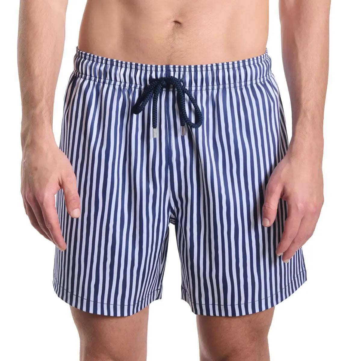 Marina Pinstripe, Indigo and Surf men's hybrid swim short in a navy and white pinstripe, front view, second angle