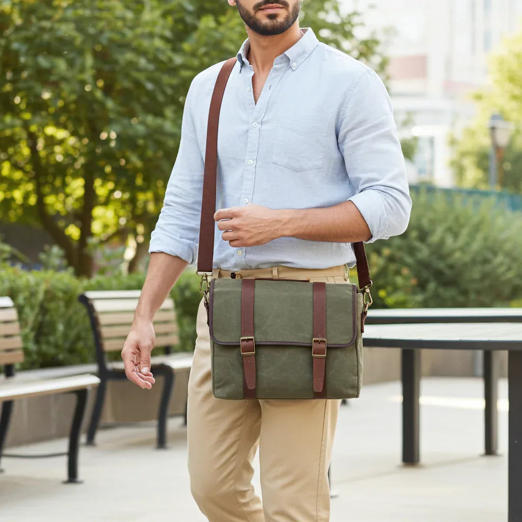 Miami Leathers Maxwell classic waxed canvas laptop messenger bag, detail