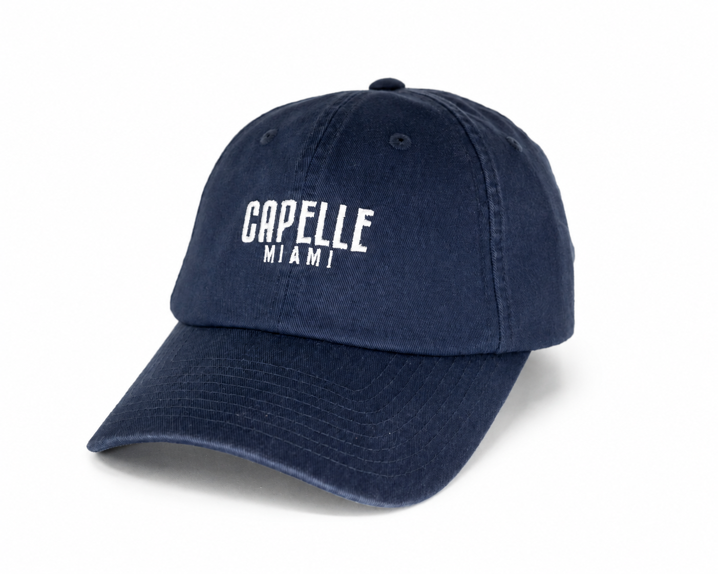 Capelle Miami navy unstructured low profile hat, front view, white embroidered logo