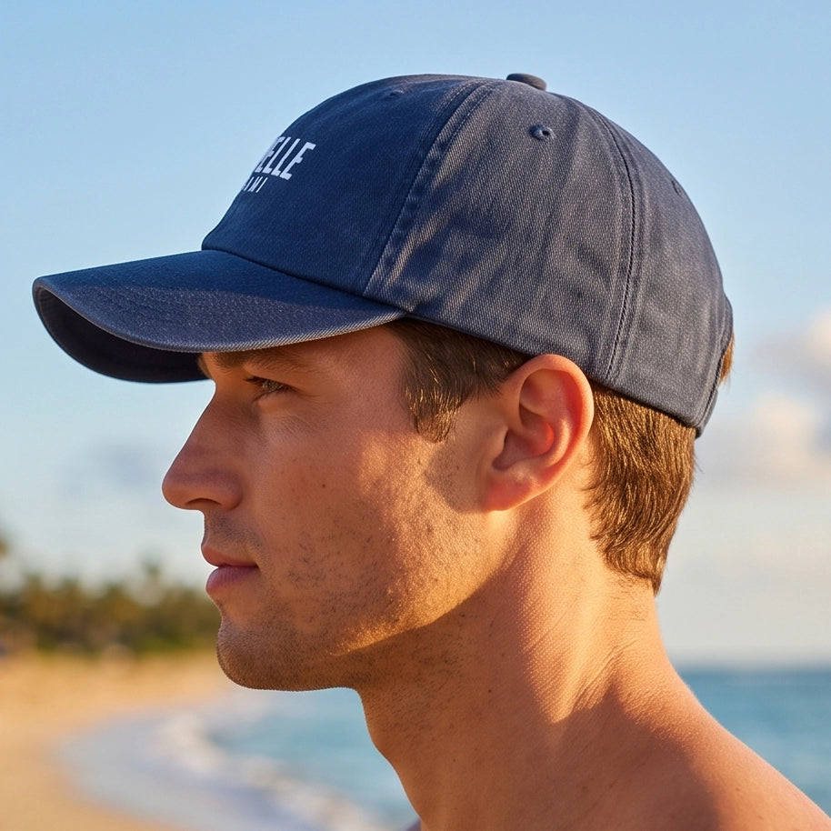 Navy Crew Unstructured Cotton Dad Hat worn in profile, curved visor, Capelle Miami