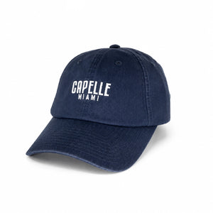 Navy Crew Unstructured Cotton Dad Hat, front, stone washed twill with flat satin embroidered Capelle Miami logo