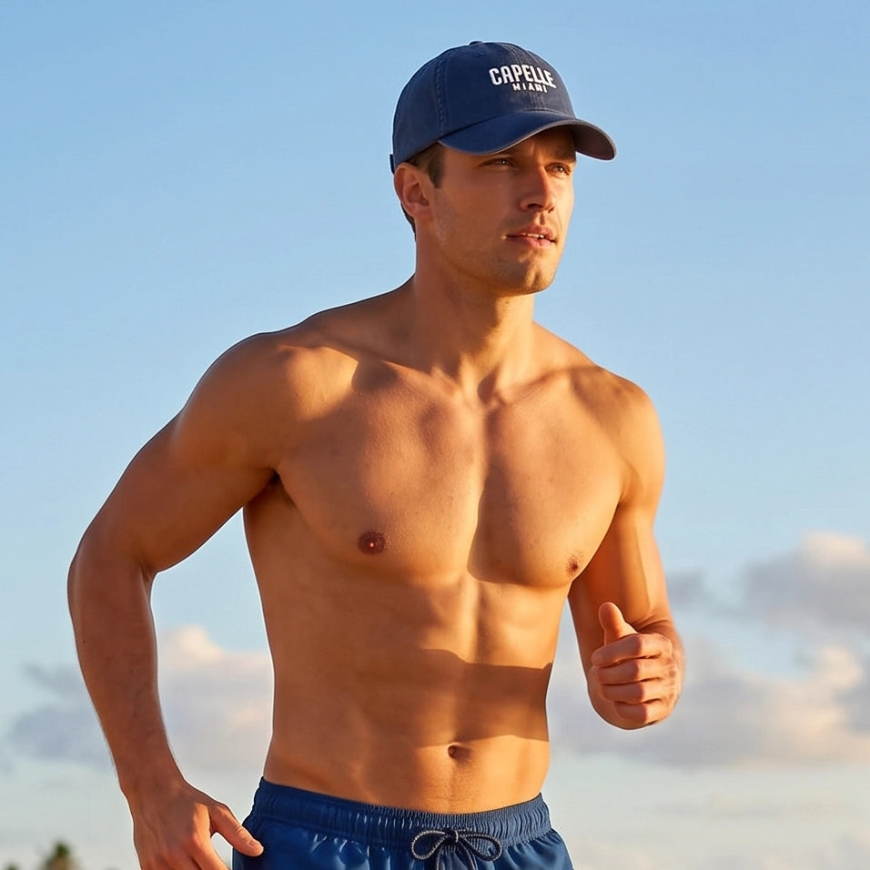 Navy Crew Unstructured Cotton Dad Hat worn front on, low profile crown, Capelle Miami