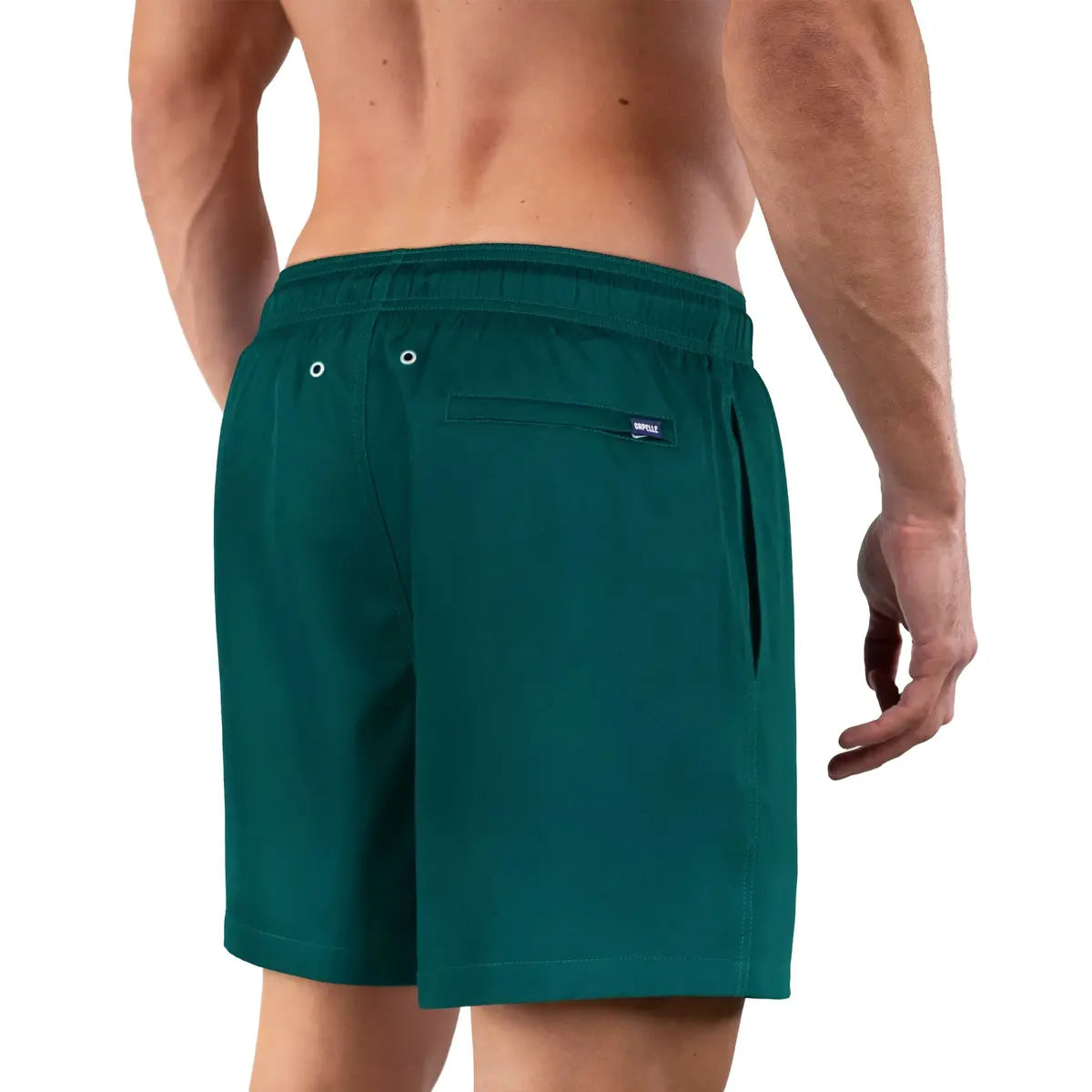 Night Green men's hybrid swim short in solid deep pine green, back view