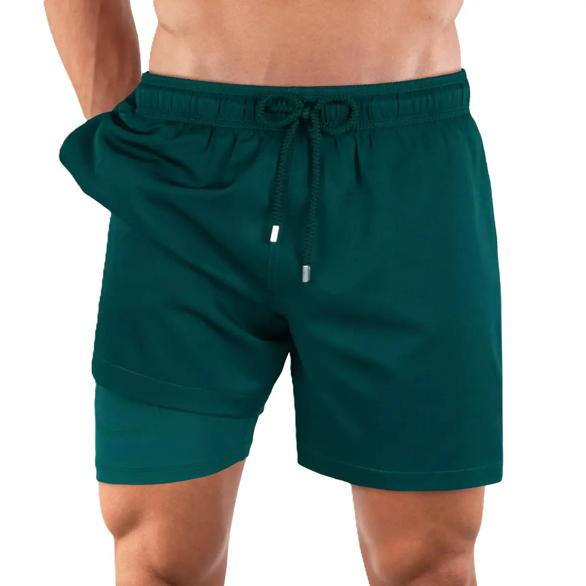 Night Green men's hybrid swim short in solid deep pine green with a matching drawstring, front view showing the green compression liner