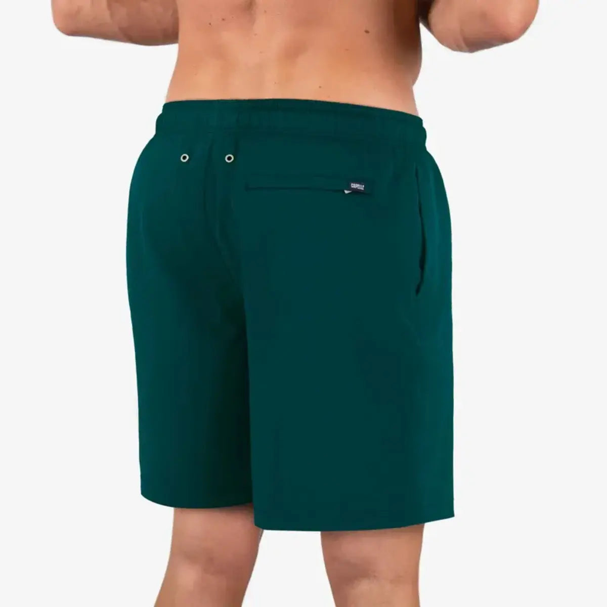 Night Green men's hybrid swim short in the 9 inch Long, solid deep pine green, back view
