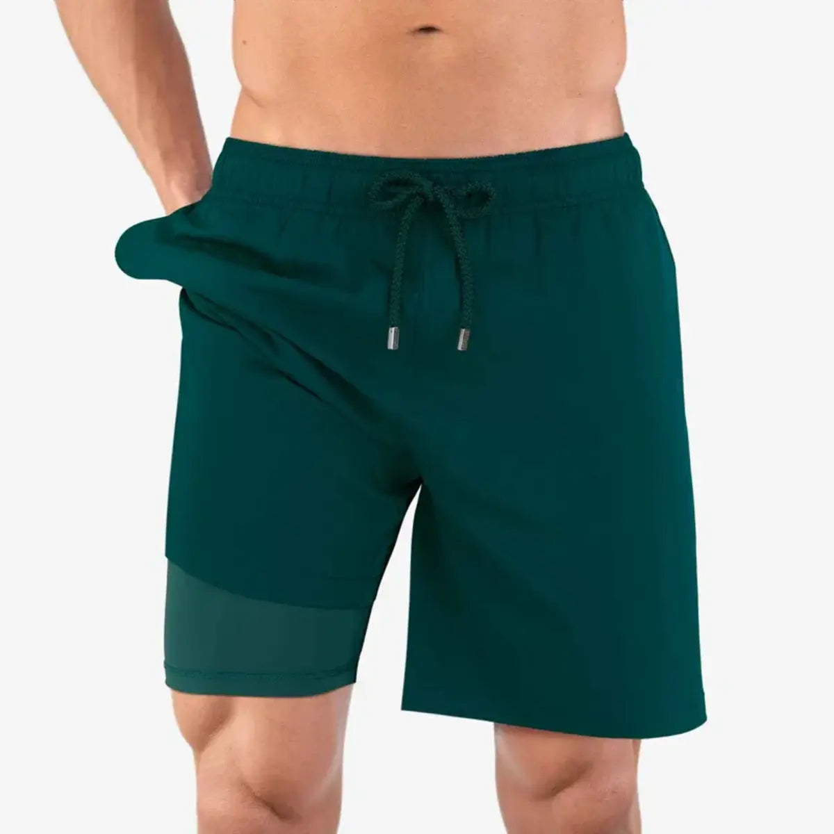 Night Green men's hybrid swim short in the 9 inch Long, solid deep pine green, front view