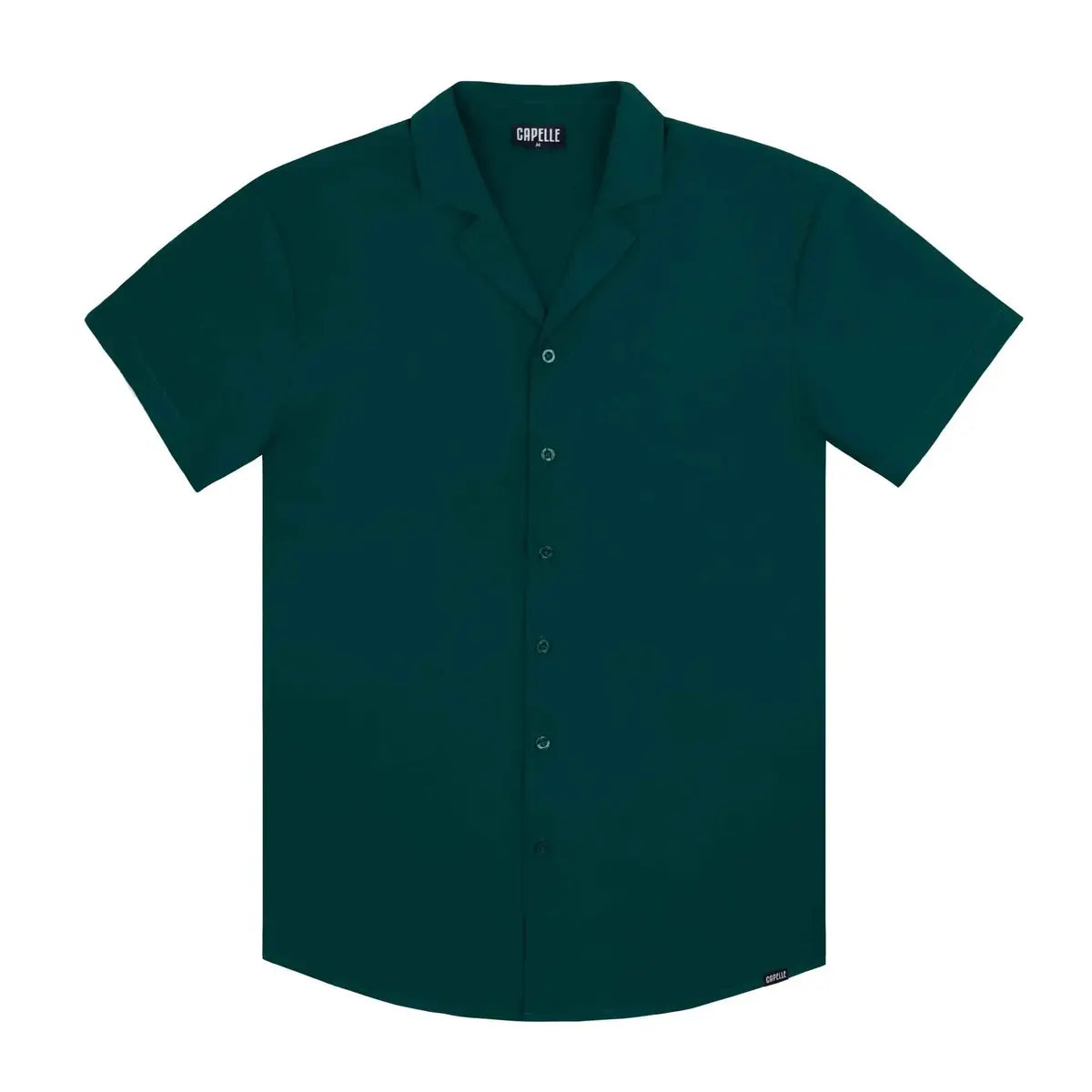 Night Green men's resort shirt in deep pine green, short sleeve camp collar button down, front view