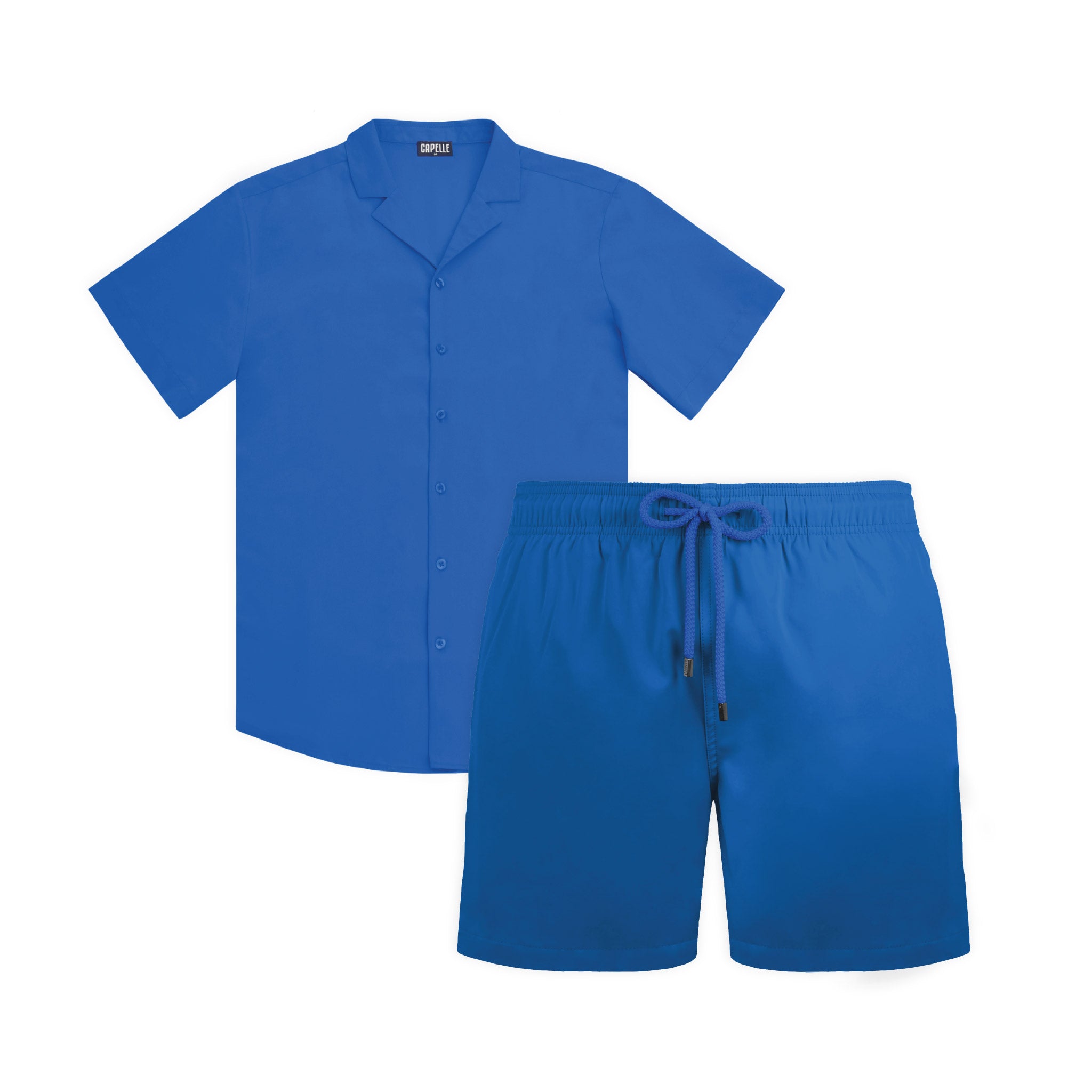 Ocean Blue matching resort set, ocean blue shirt and matching hybrid swim short shown together