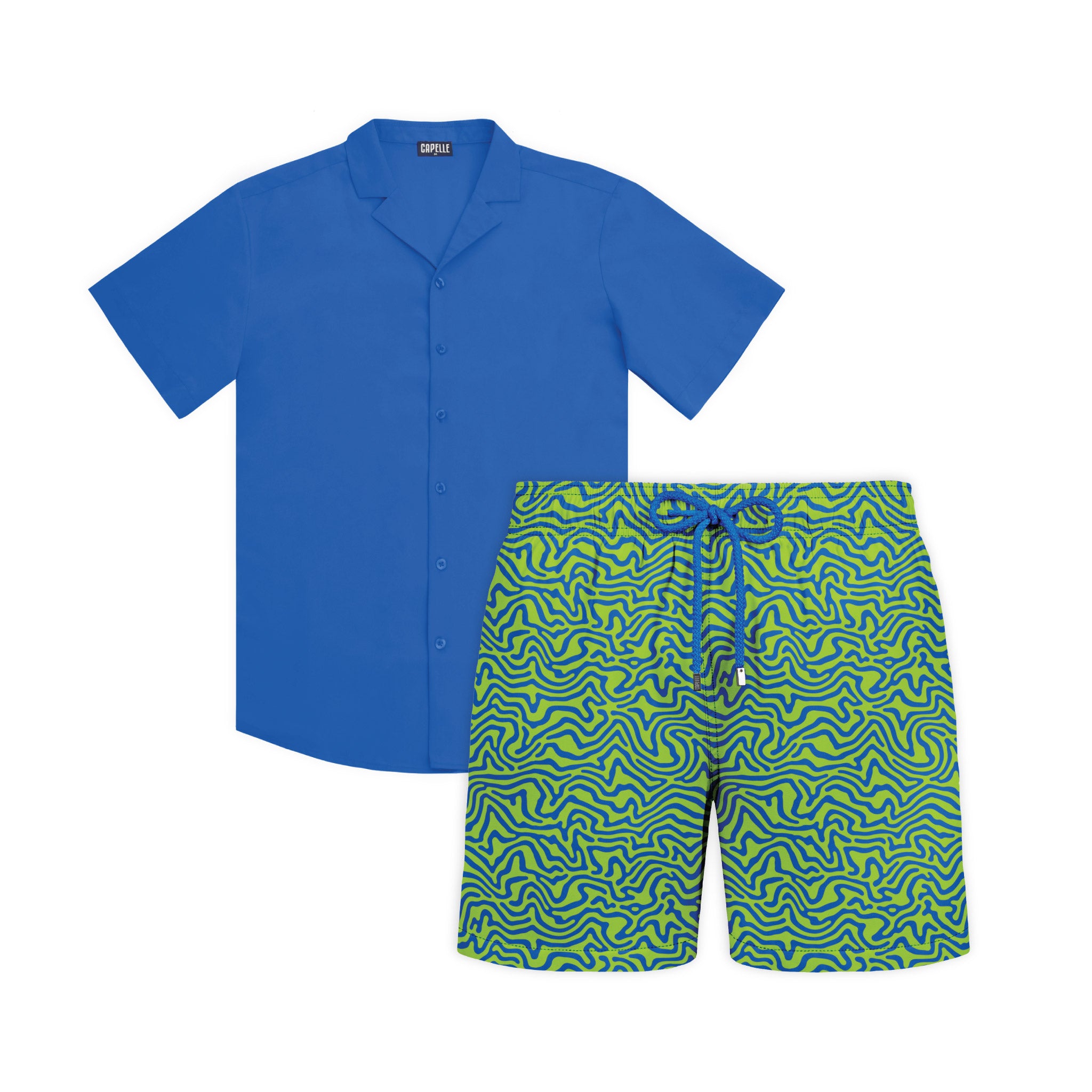 Lime Wave resort set, Ocean Blue shirt with Deco Maze Key Lime hybrid swim shorts