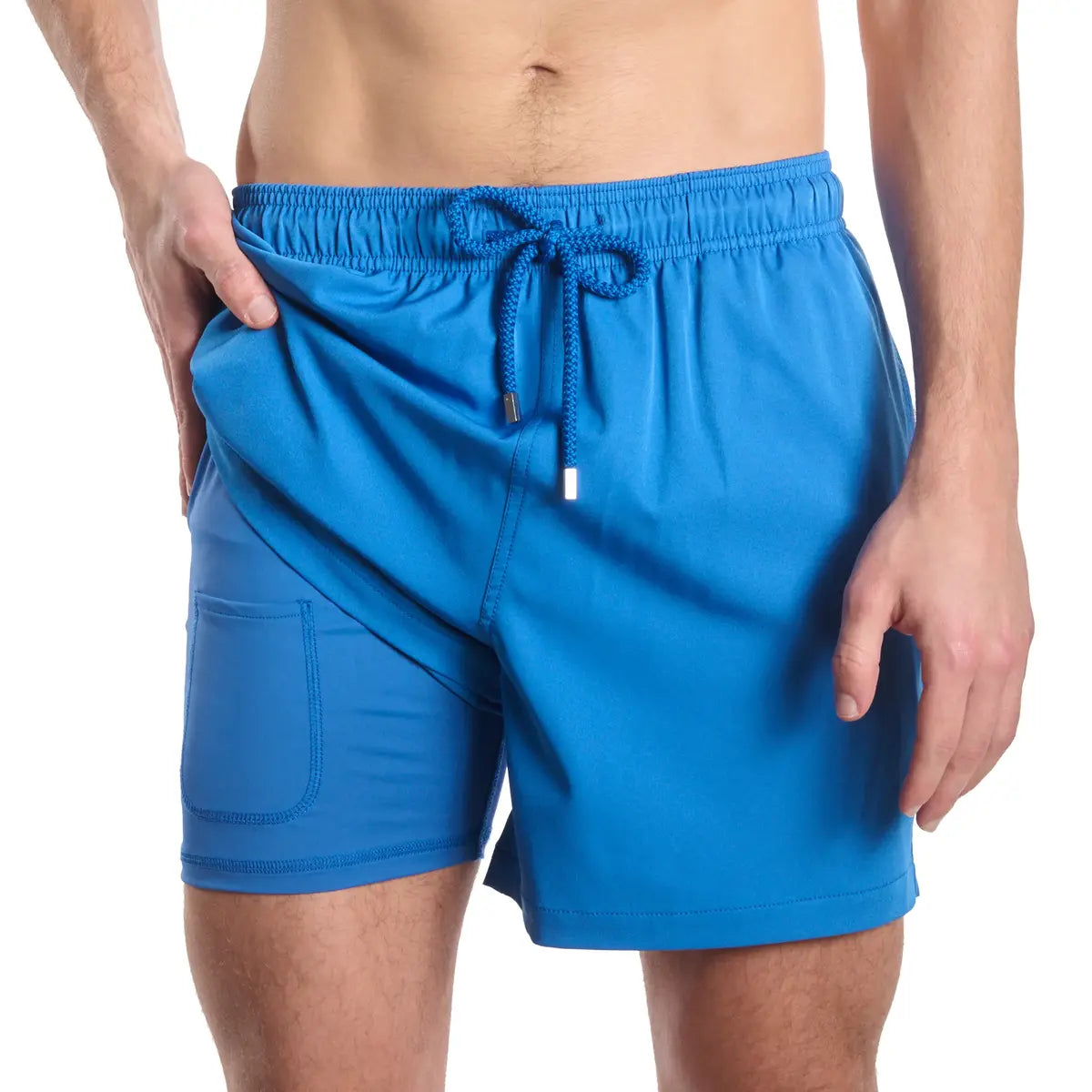 Ocean Blue men's hybrid swim short in solid ocean blue with a matching drawstring, front view showing the built-in compression liner