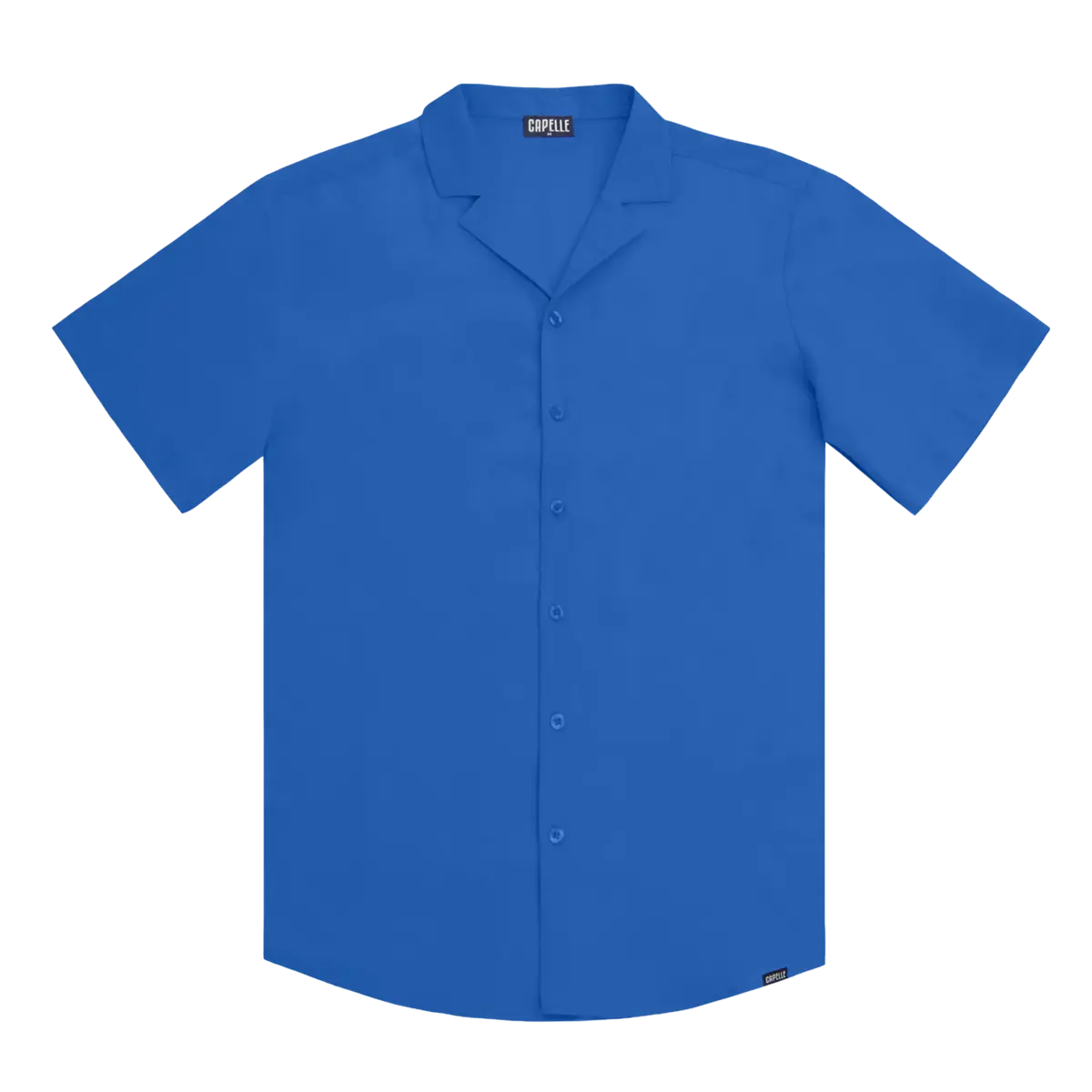 Ocean Blue men's resort shirt in ocean blue, short sleeve camp collar button down, front view