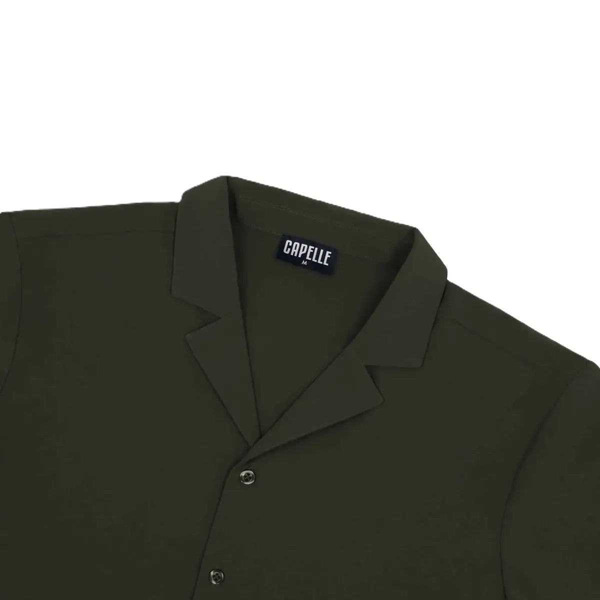 Close-up of the Olive You resort shirt fabric and button placket in dark olive green