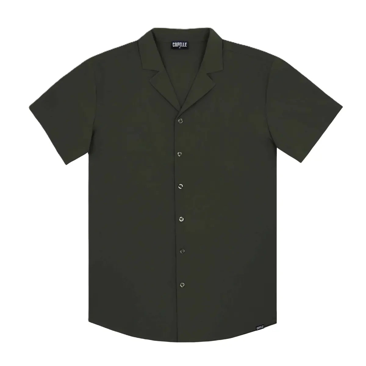 Olive You men's resort shirt in dark olive green, short sleeve camp collar button down, front view
