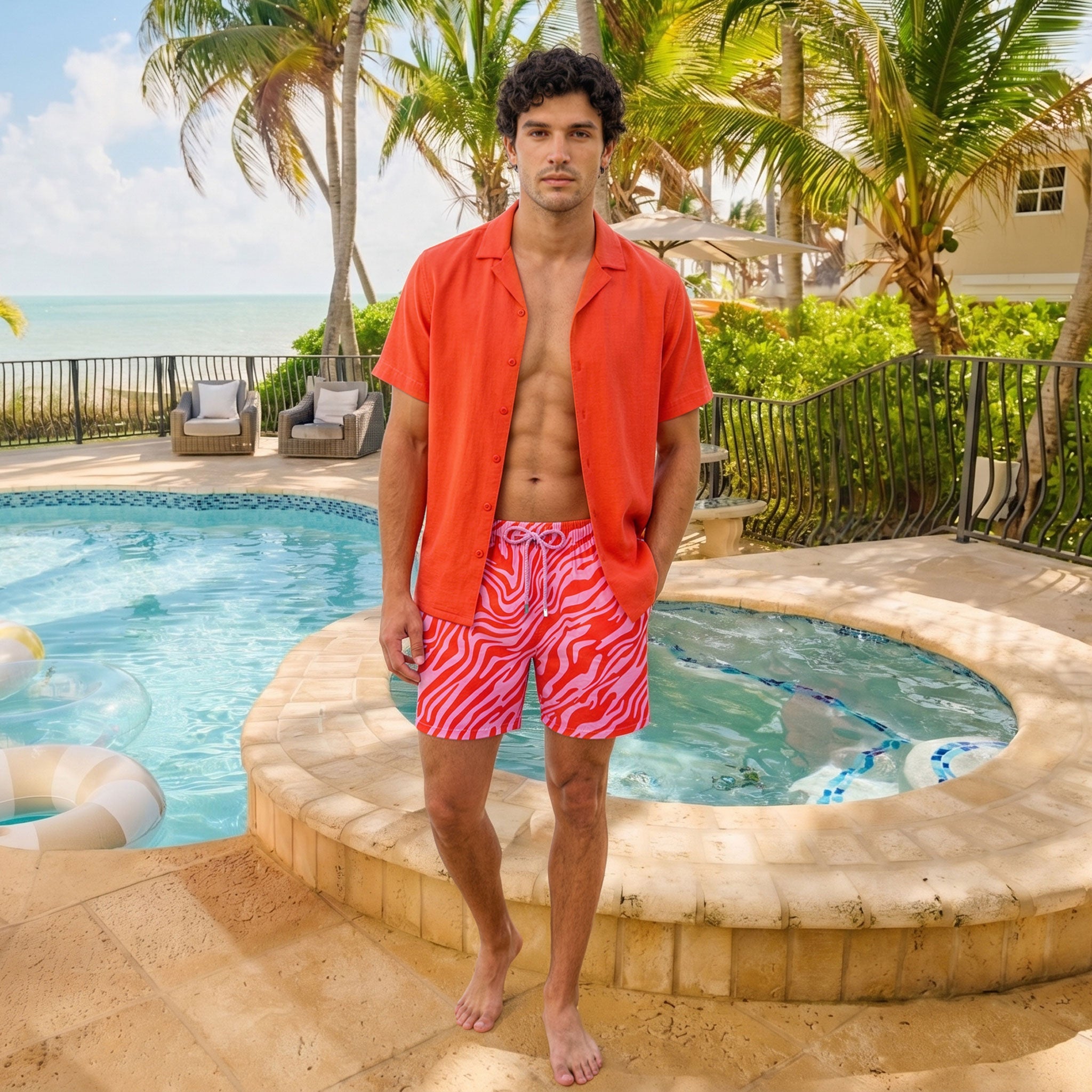 Man in a Coral resort shirt worn open over Tropical Swirl Coral and Orchid hybrid swim shorts
