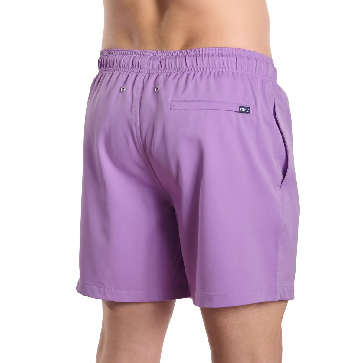Orchid Bay men's hybrid swim short in solid lilac purple, back view
