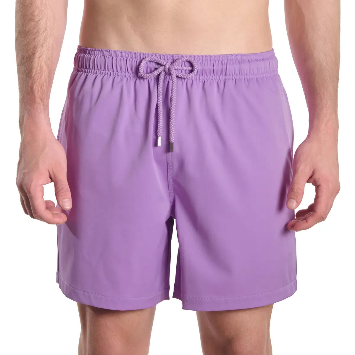 Orchid Bay men's hybrid swim short in solid lilac purple, front view, second angle