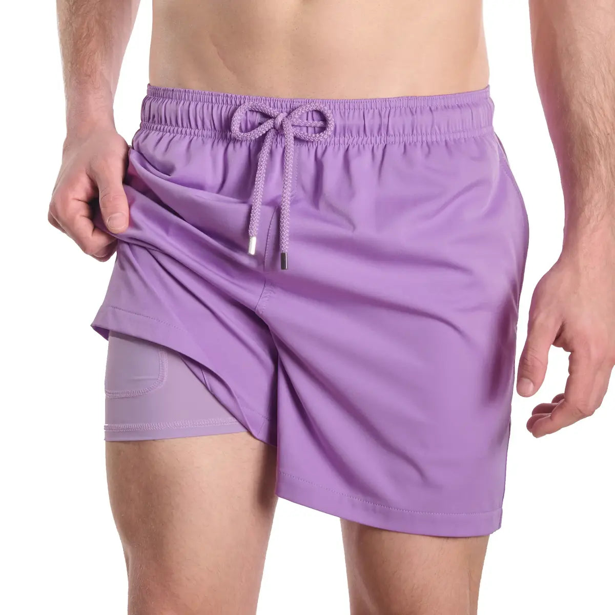Orchid Bay men's hybrid swim short in solid lilac purple with a matching drawstring, front view showing the lilac compression liner