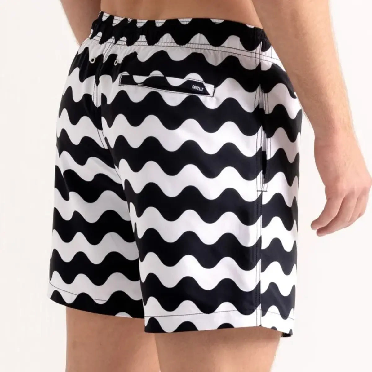 Pacific Waves men's hybrid swim short in a black and white wave chevron print, back view