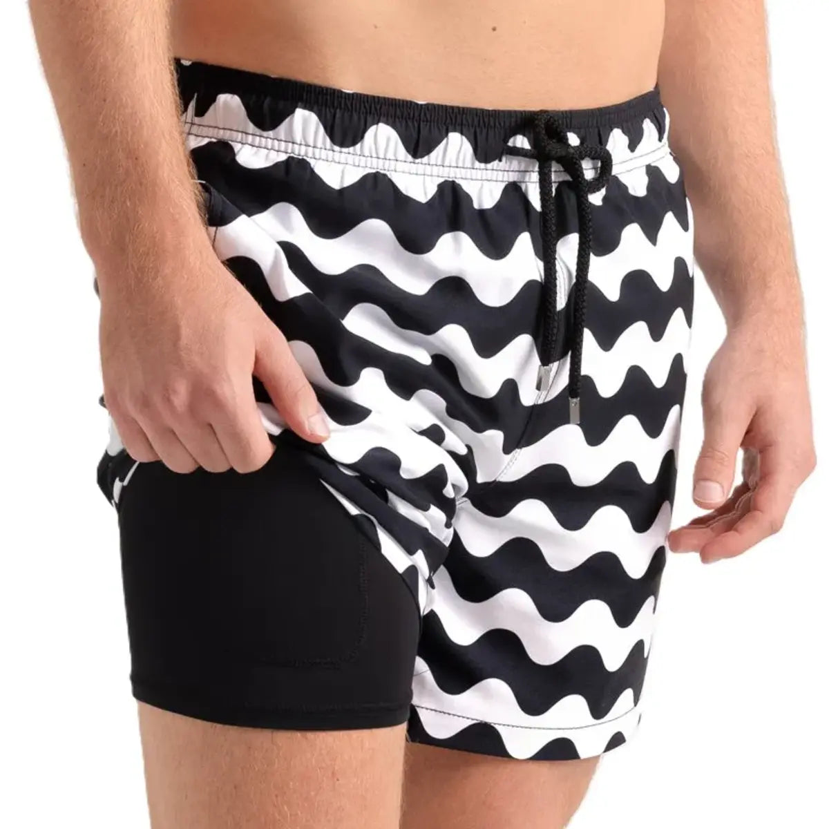 Pacific Waves men's hybrid swim short, black and white wave chevron print, front view showing the black compression liner