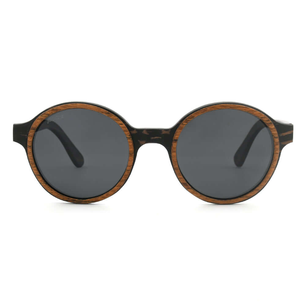 JOPLINS Pepe Polarized Round Wood Sunglasses in Ebony and Burl, view 2
