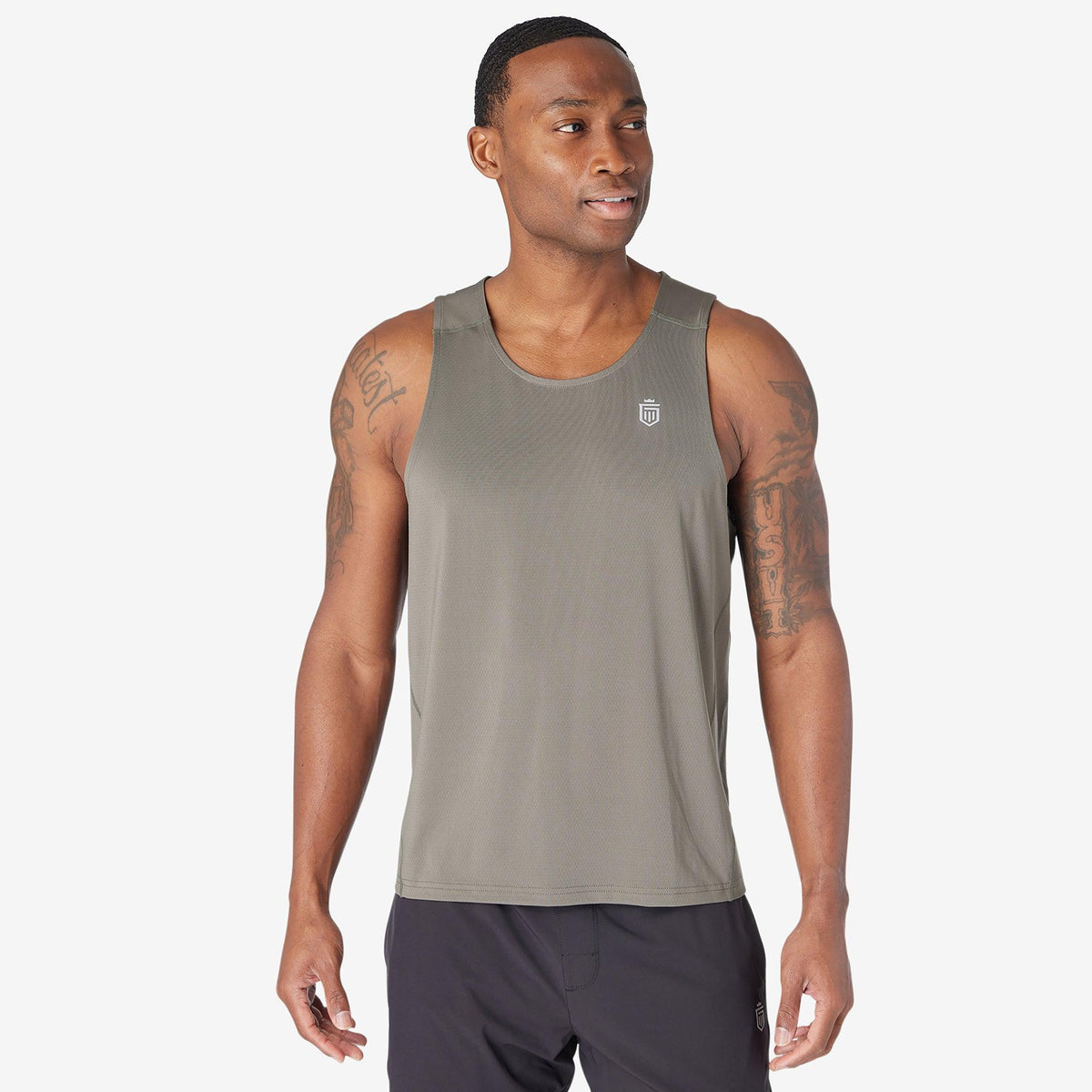 Greatness Wins Performance Training Tank in Rustic Metal, view 3