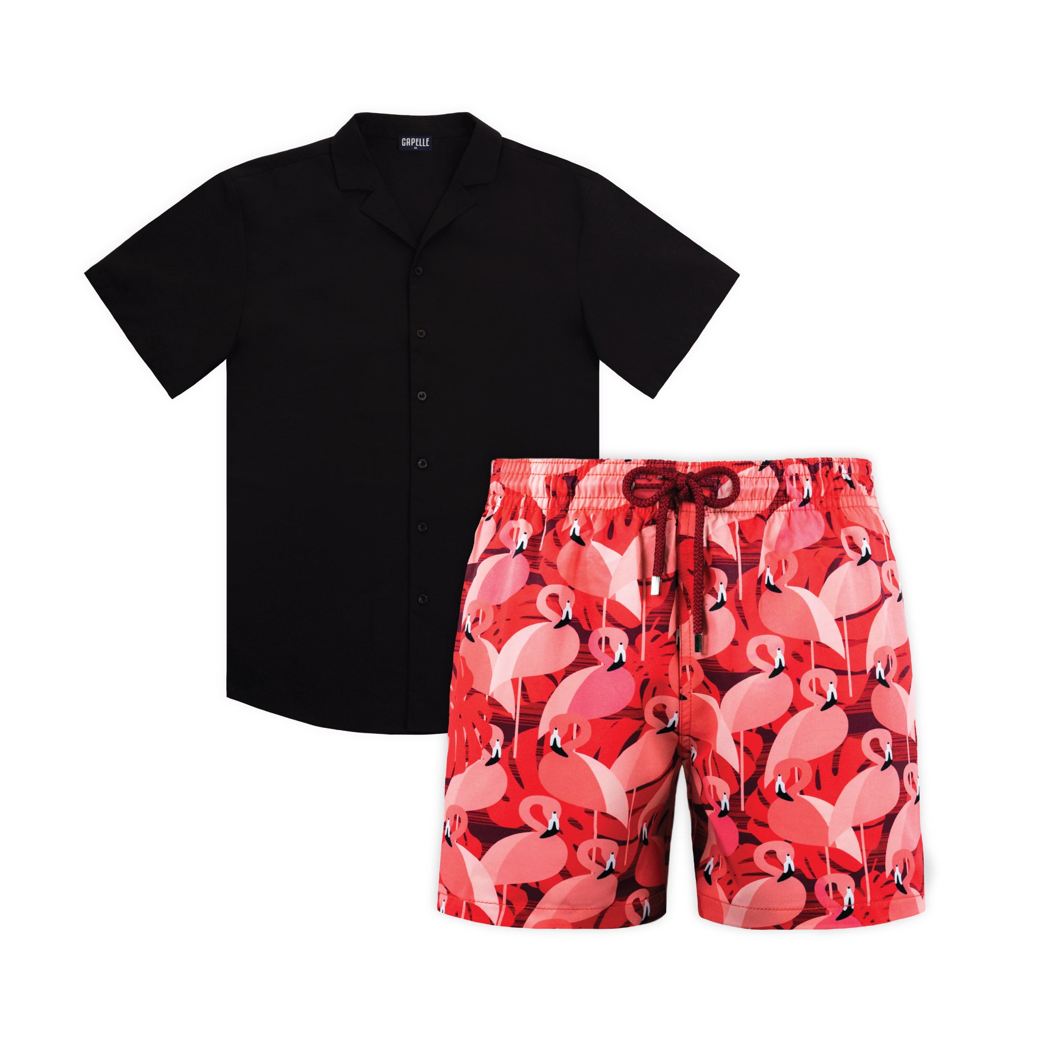 Midnight Flamingo resort set, Black Onyx shirt with Pink Flamingo hybrid swim shorts