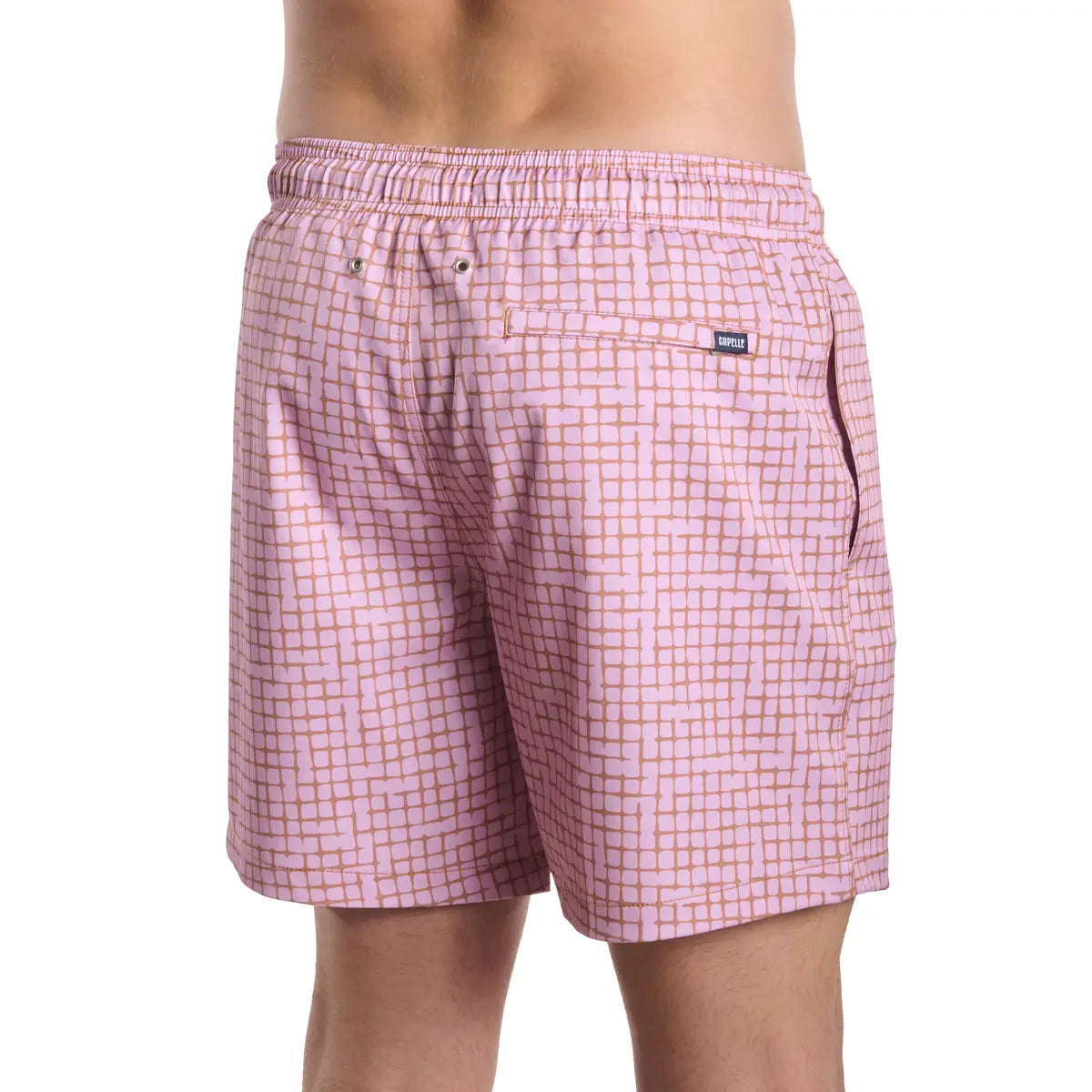 Pixel Break, Rosetide men's hybrid swim short in dusty pink with a tonal pixel grid check, back view