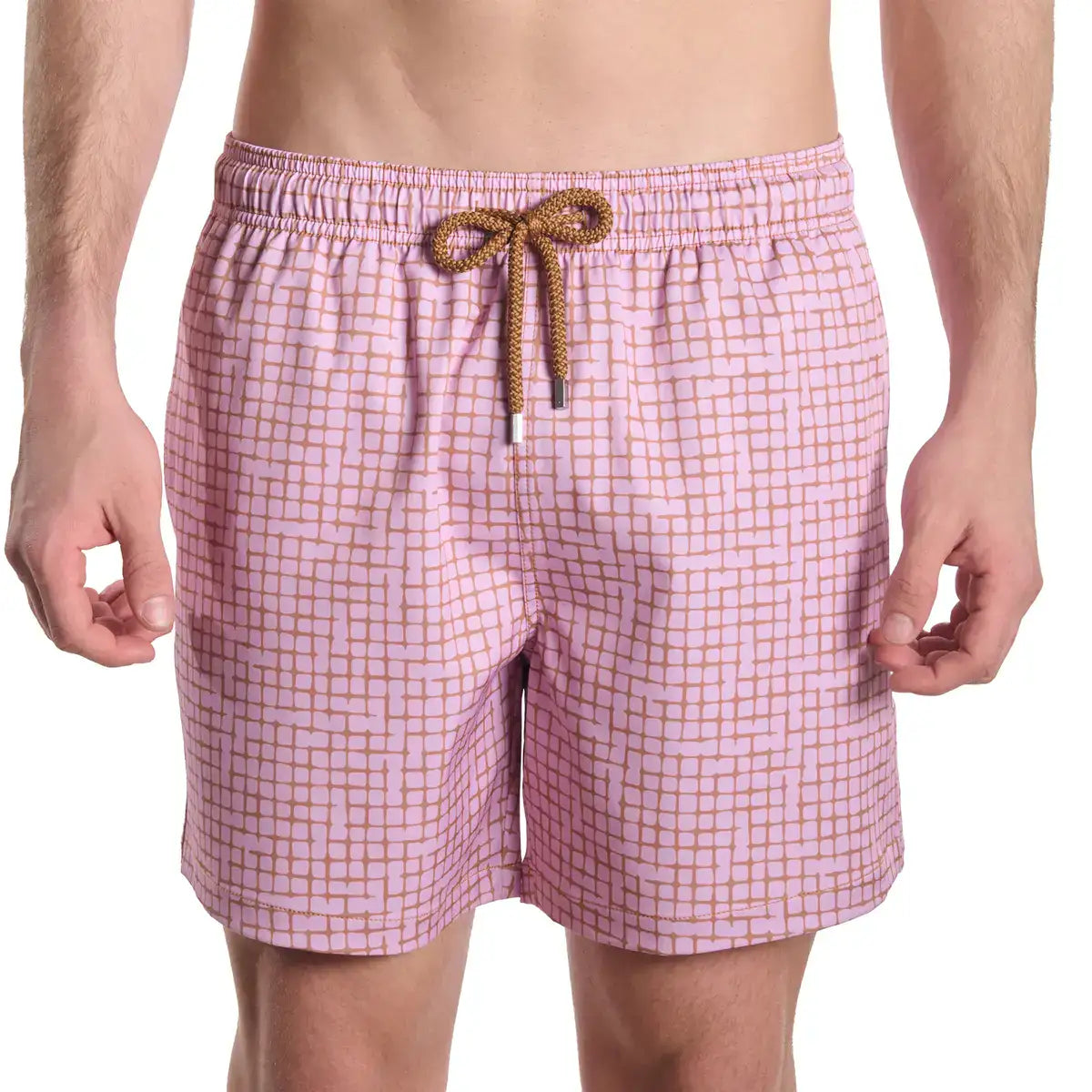 Pixel Break, Rosetide men's hybrid swim short in dusty pink with a tonal pixel grid check, front view, second angle