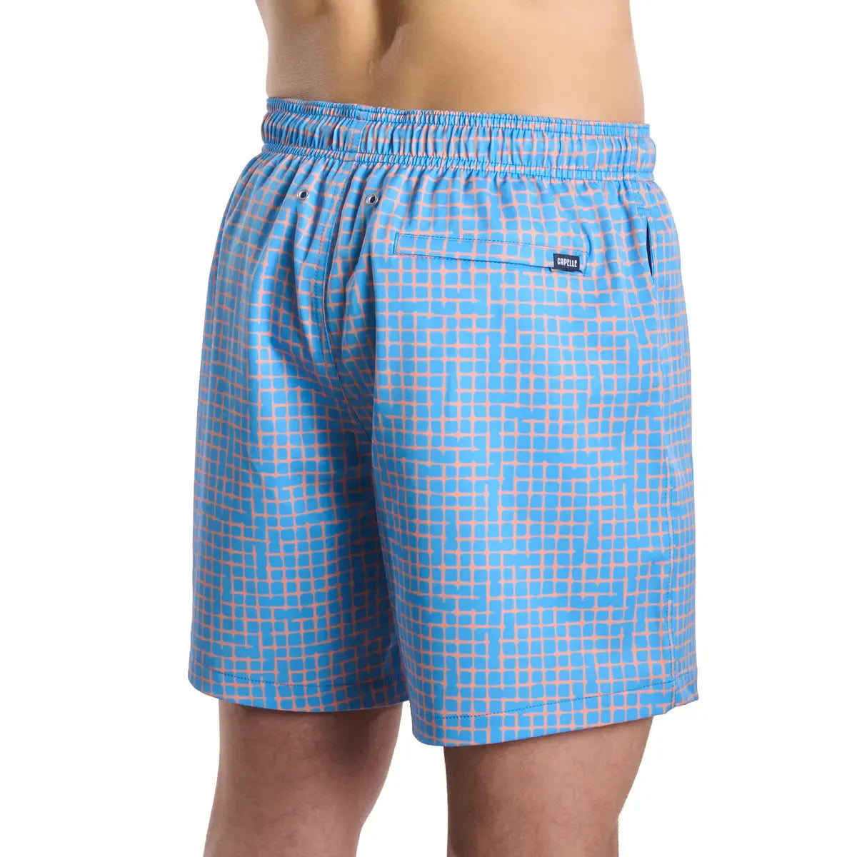 Pixel Break, Sunsplash men's hybrid swim short in sky blue with a coral pixel grid check, back view