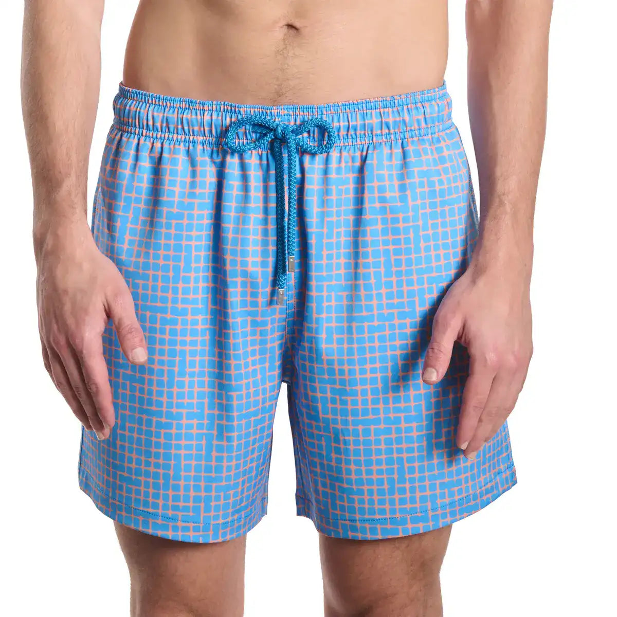 Pixel Break, Sunsplash men's hybrid swim short in sky blue with a coral pixel grid check, front view, second angle