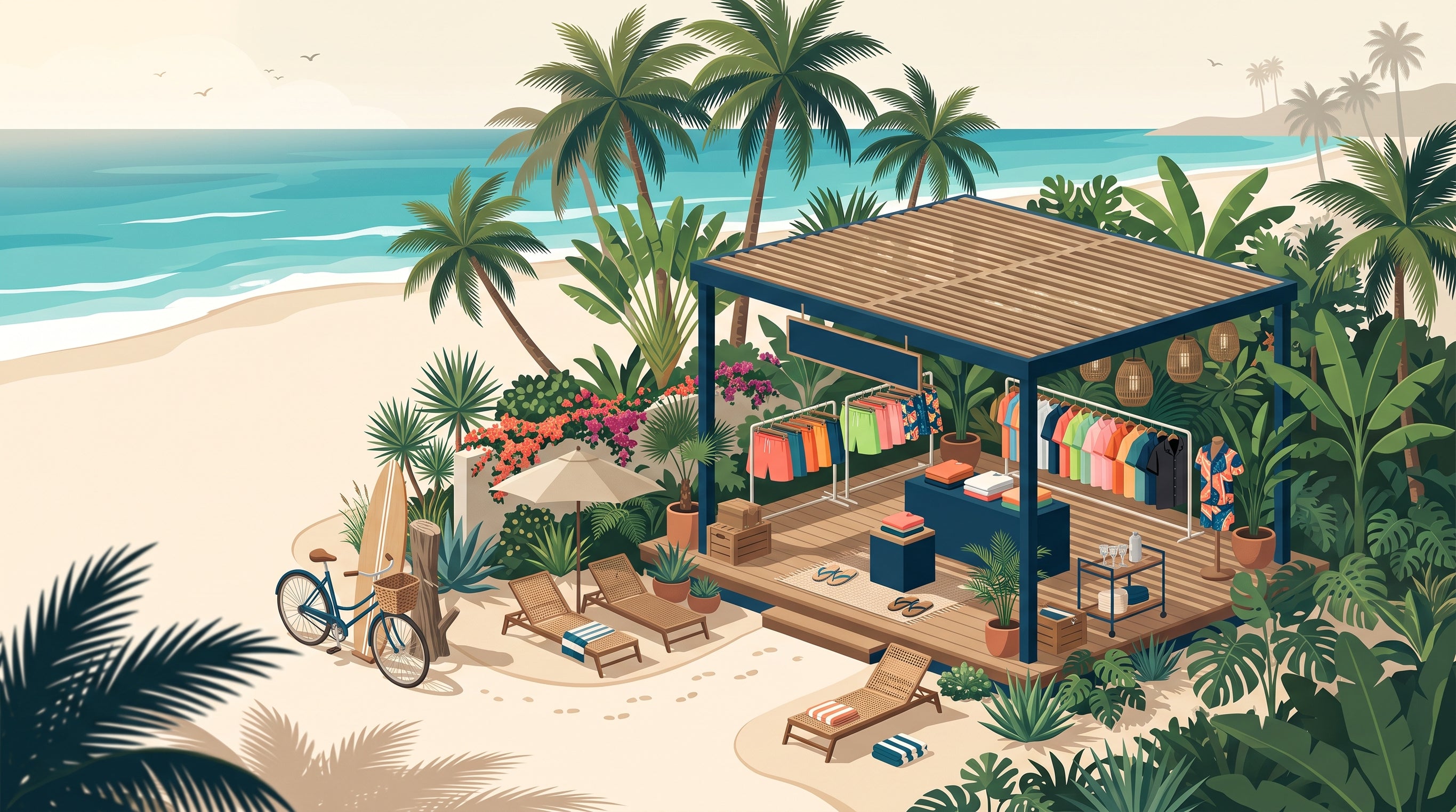 An illustrated beach cabana with racks of Capelle Miami shorts and shirts.