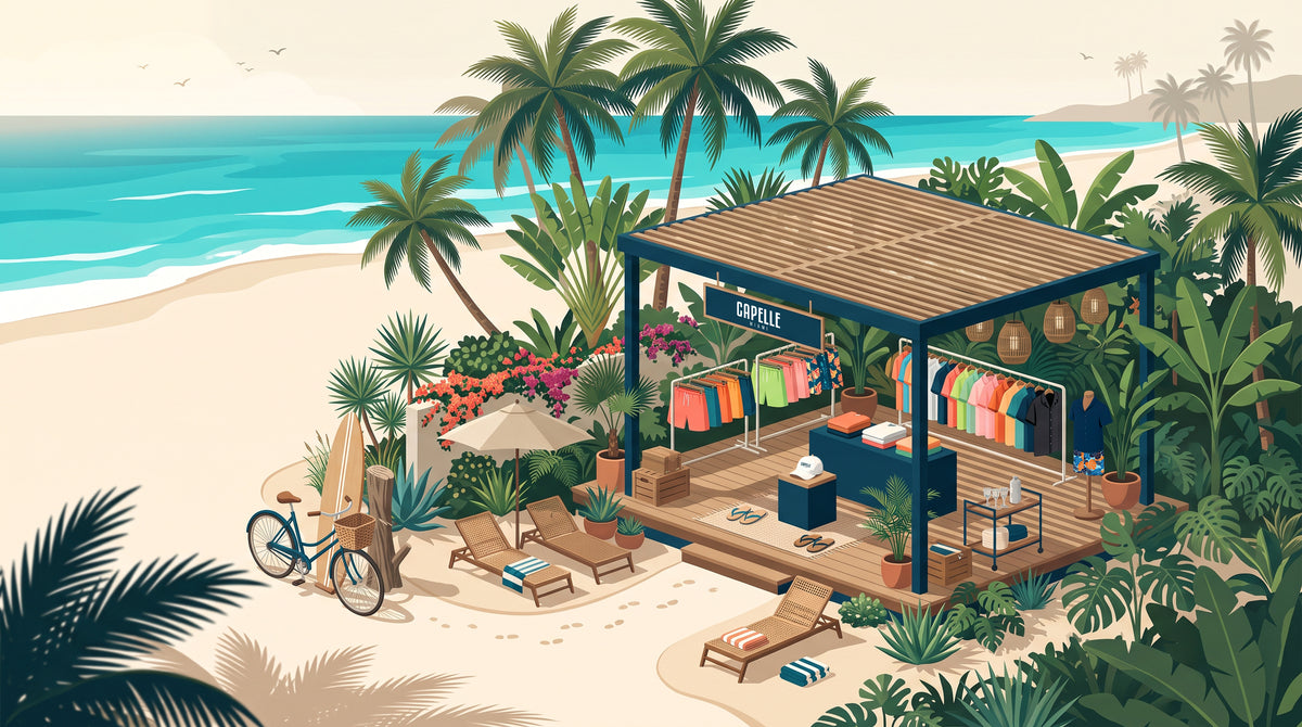 An illustrated beach cabana with racks of Capelle Miami shorts and shirts.