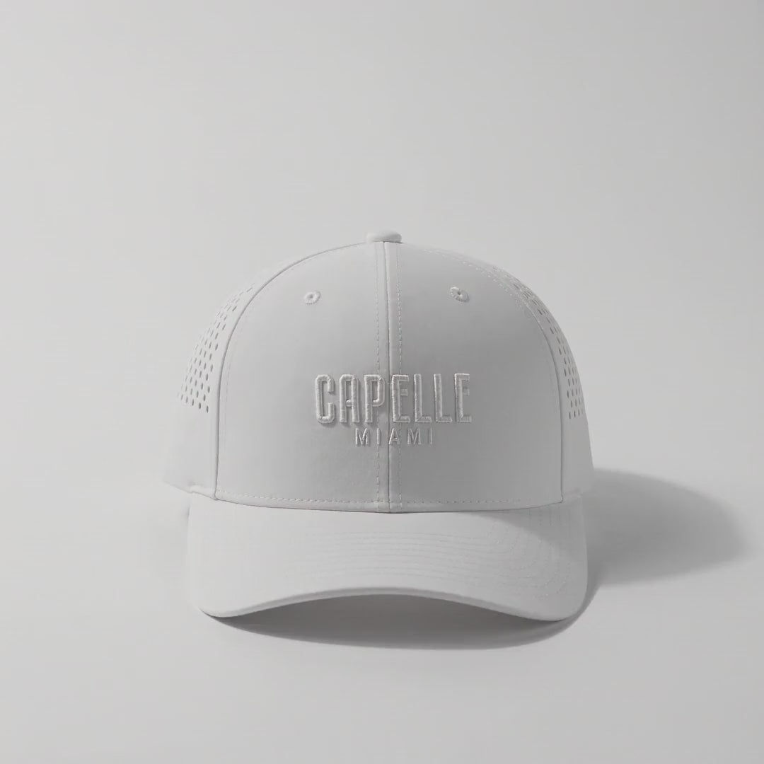 Arctic White Laser Luxe Performance Snapback Hat, product video, Capelle Miami
