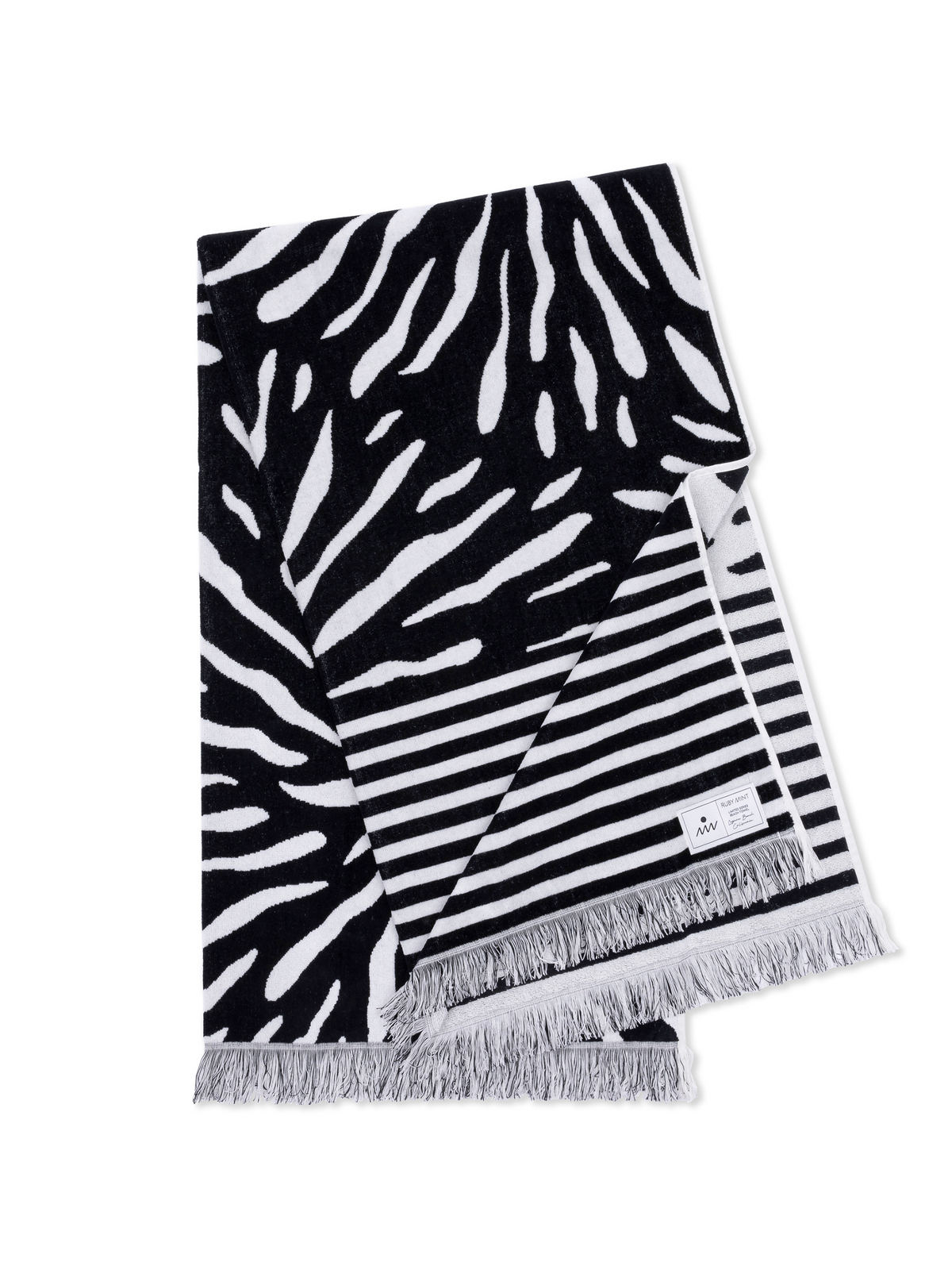 Ruby Mint Remington black and white floral stripe cotton beach towel, image 1 of 6