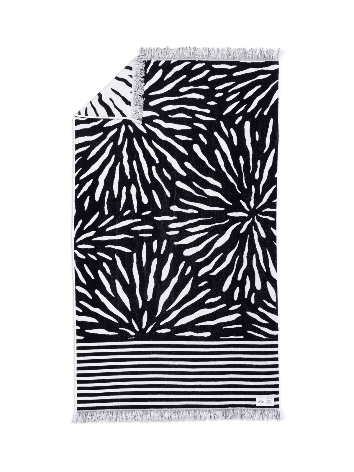 Ruby Mint Remington black and white floral stripe cotton beach towel, image 2 of 6