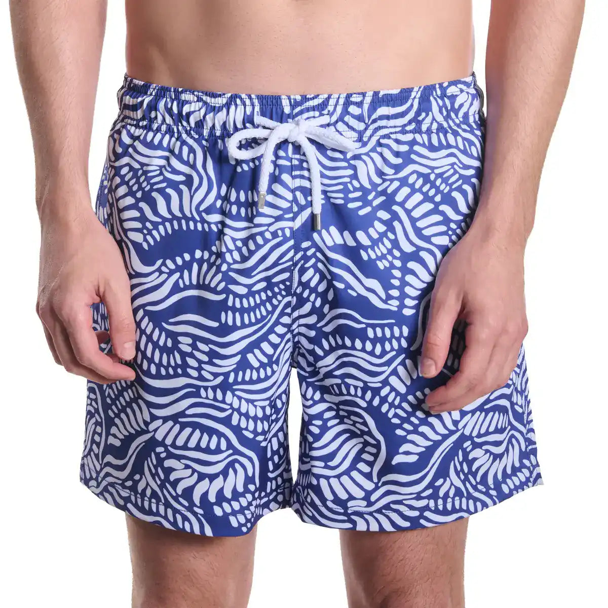 Salt Spray, Harbor and Surf men's hybrid swim short in indigo with a white coral reef print, front view, second angle