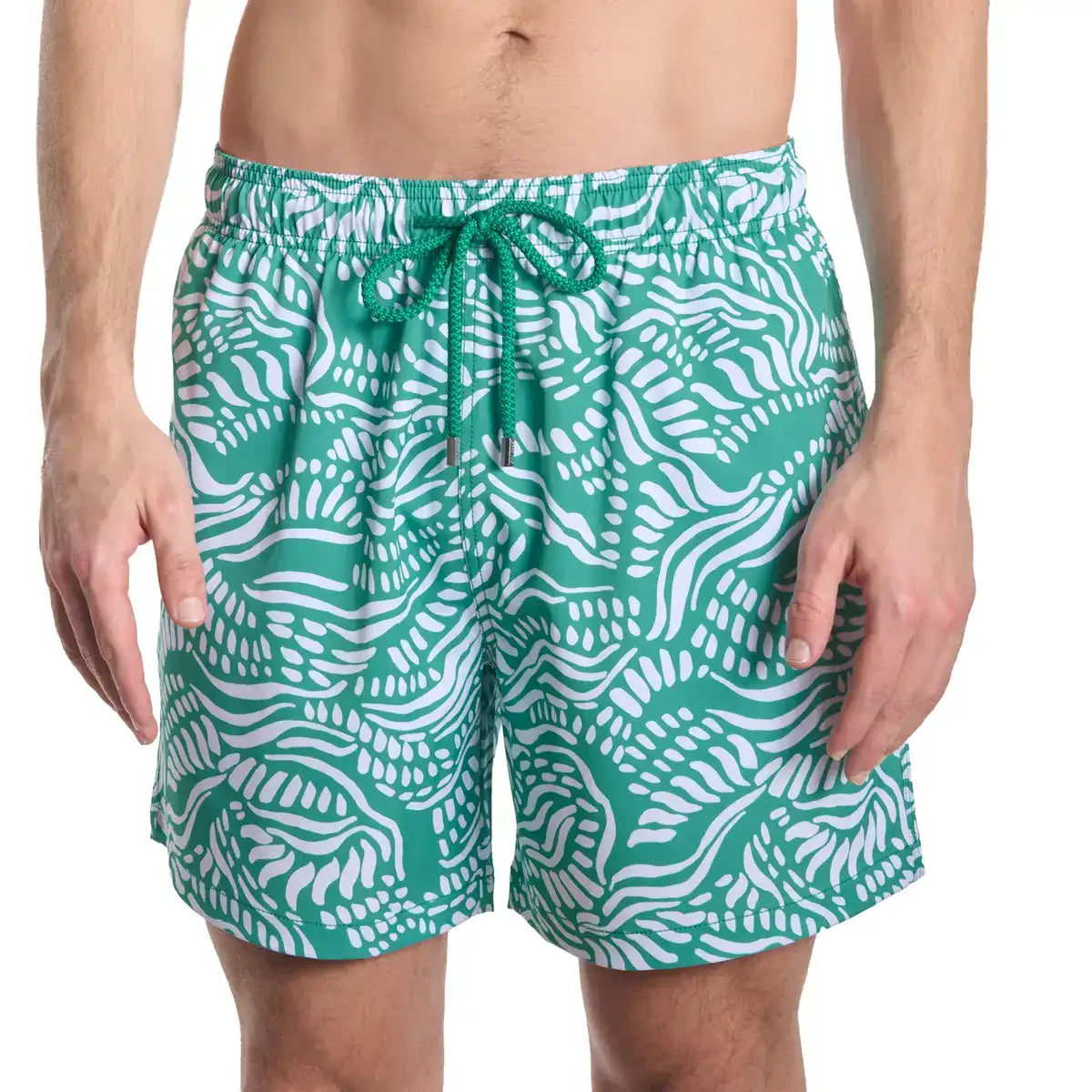 Salt Spray, Palm and Surf men's hybrid swim short in jade green with a white coral reef print, front view, second angle