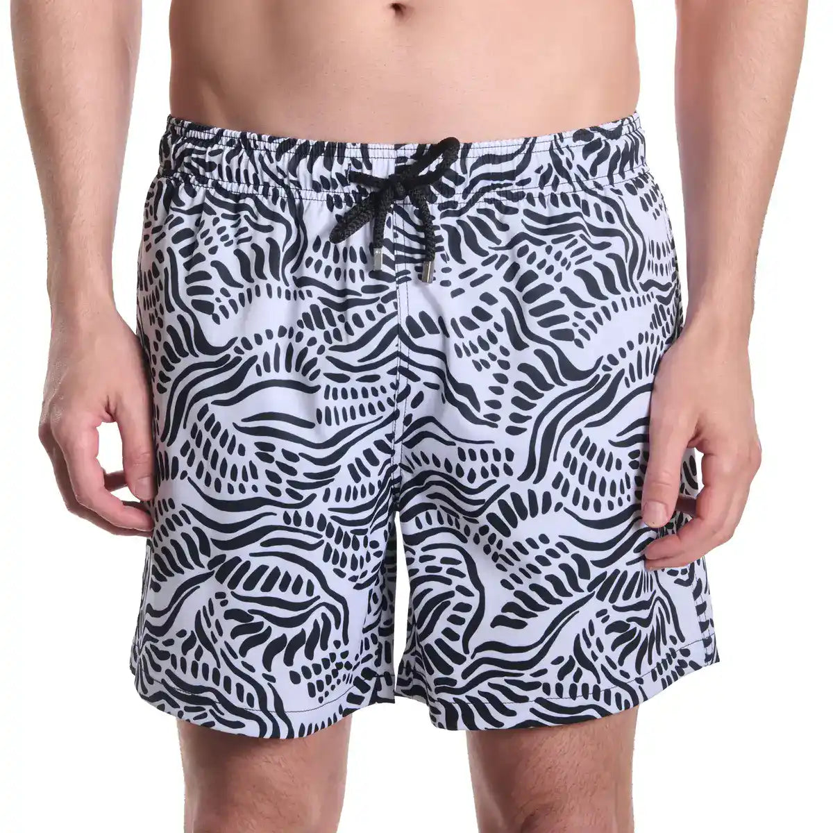 Salt Spray, Surf and Storm men's hybrid swim short in black with a white coral reef print, front view, second angle