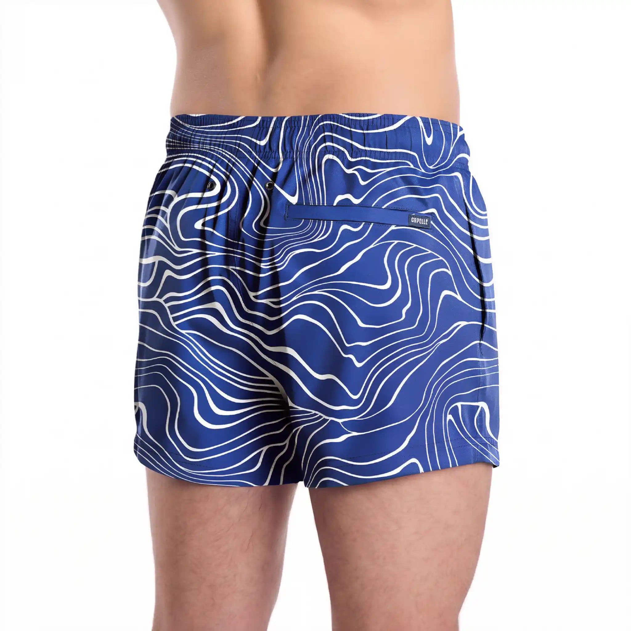 Sand Waves, Harbor and Surf men's hybrid swim short in the 3 inch Short, cobalt with a white wave line print, back view