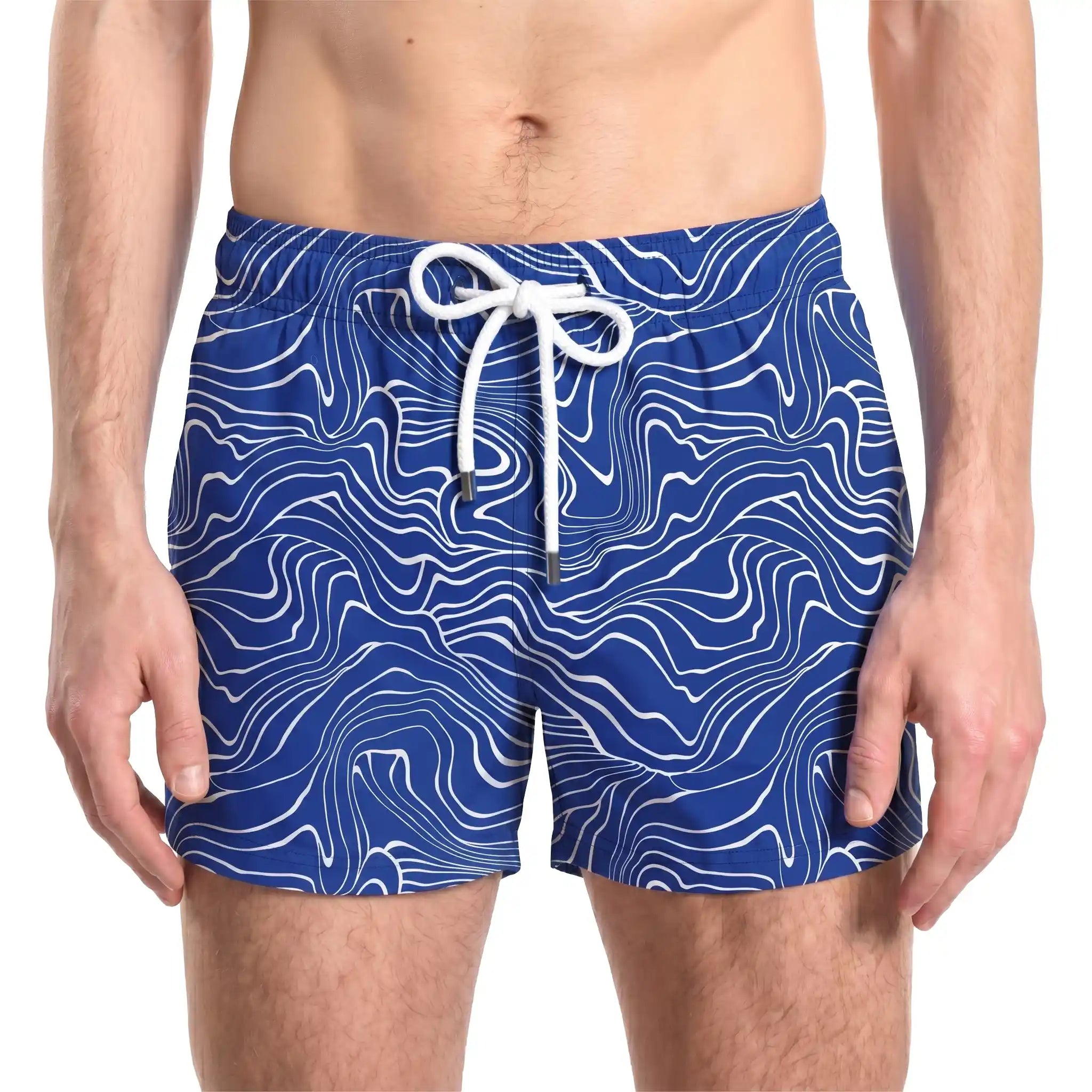 Sand Waves, Harbor and Surf men's hybrid swim short in the 3 inch Short, cobalt with a white wave line print, front view