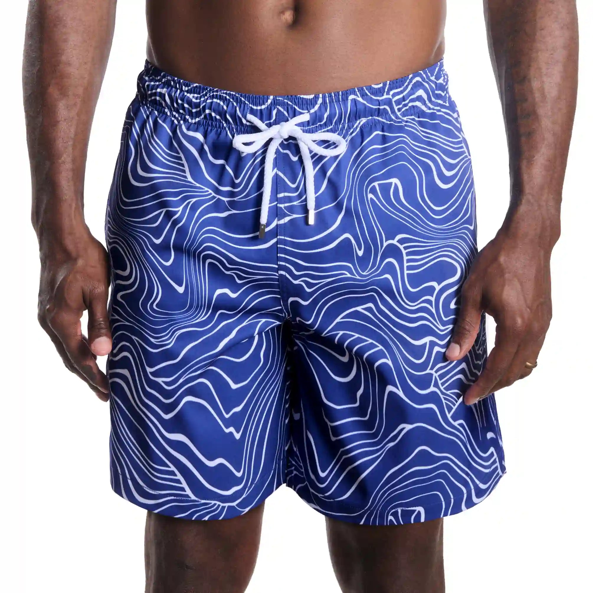Sand Waves, Harbor and Surf men's hybrid swim short in the 9 inch Long, cobalt with a white wave line print, front view