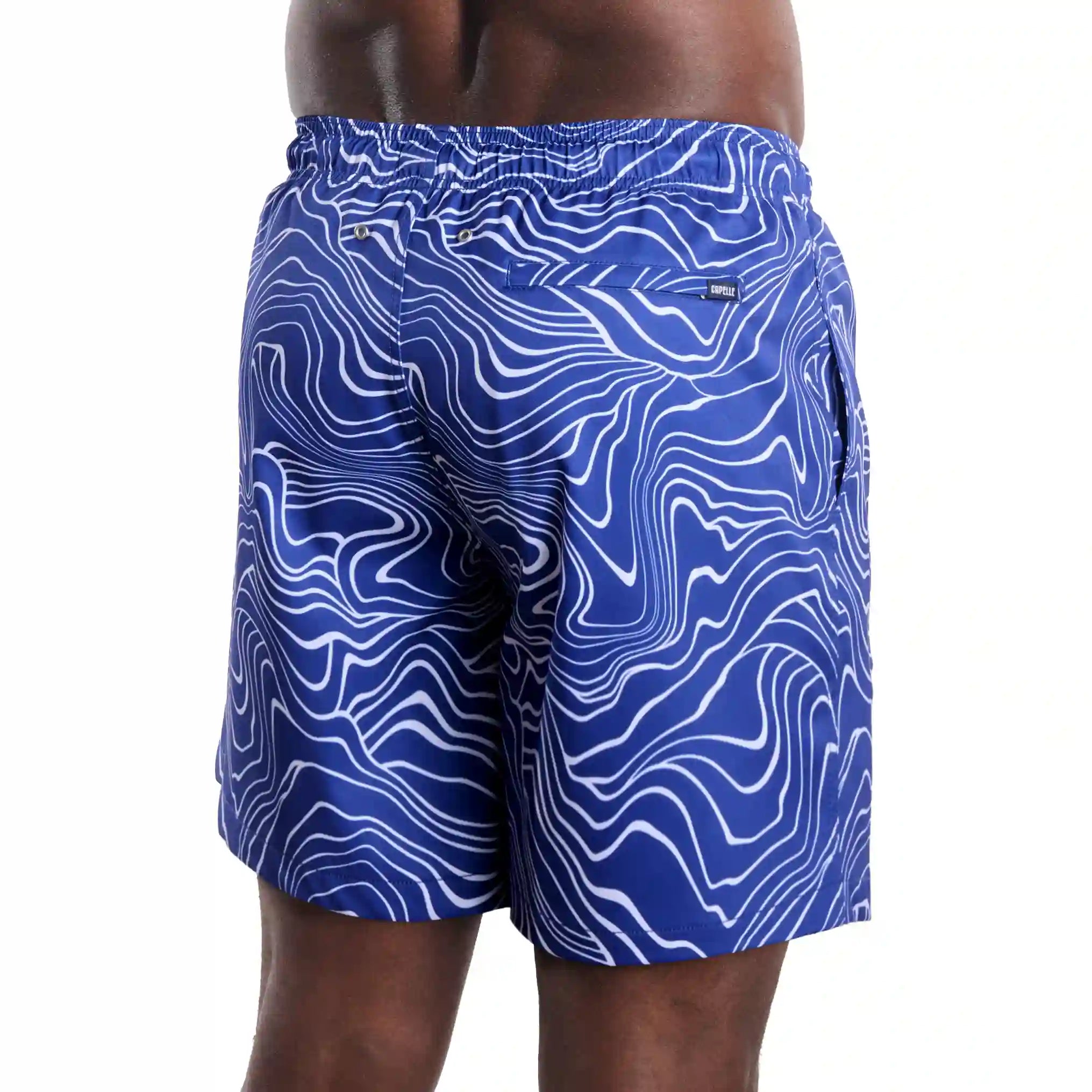 Sand Waves, Harbor and Surf men's hybrid swim short in the 9 inch Long, cobalt with a white wave line print, back view