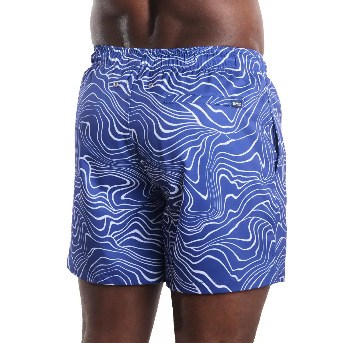 Sand Waves, Harbor and Surf men's hybrid swim short in cobalt with a white wave line print, back view