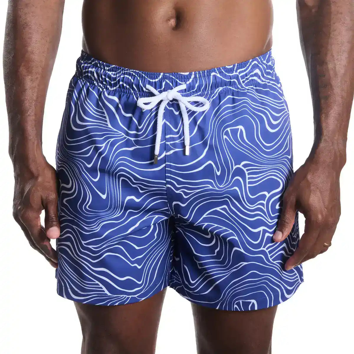 Sand Waves, Harbor and Surf men's hybrid swim short in cobalt with a white wave line print, front view, second angle