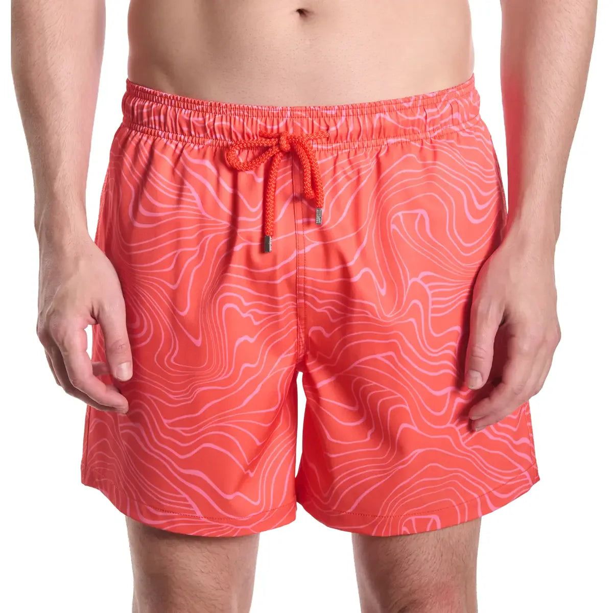 Sand Waves, Heat and Bloom men's hybrid swim short in coral with a tonal wave line print, front view, second angle