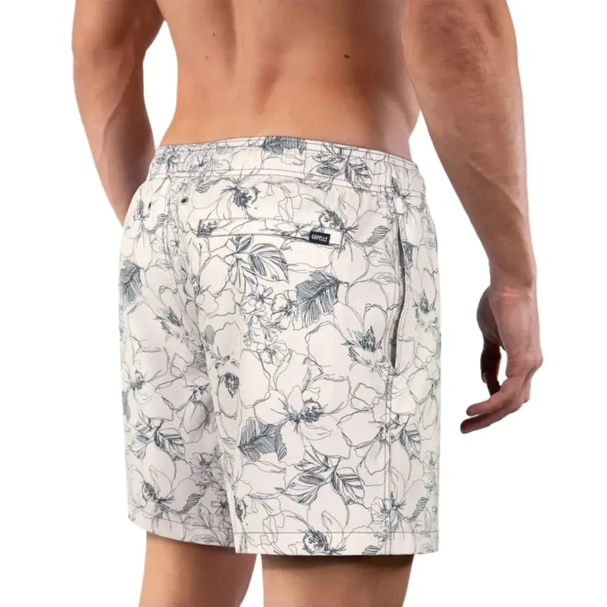 Secret Garden men's hybrid swim short in cream with a charcoal floral outline print, back view