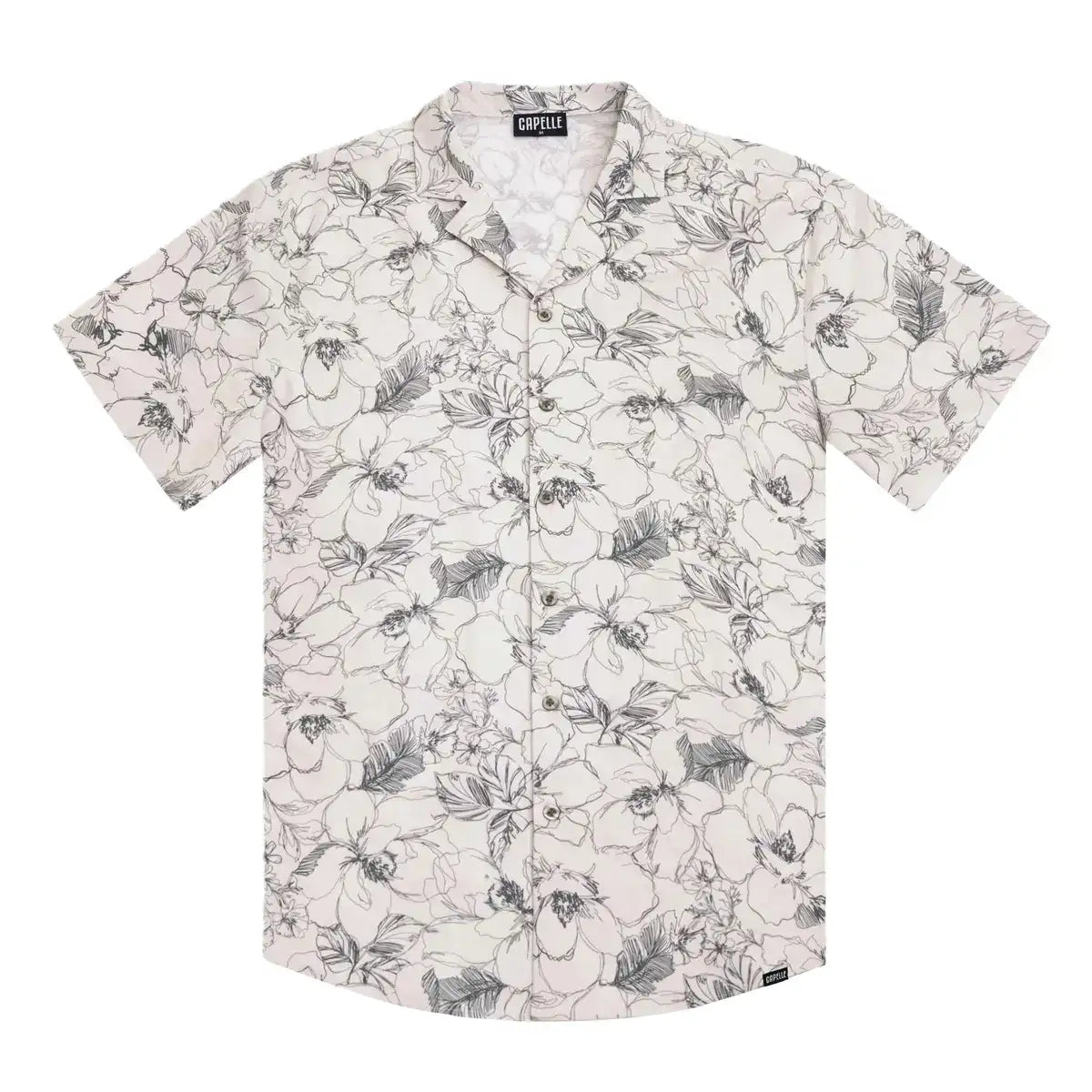 Secret Garden men's resort shirt, cream with a charcoal outlined floral print, short sleeve camp collar button down, front view