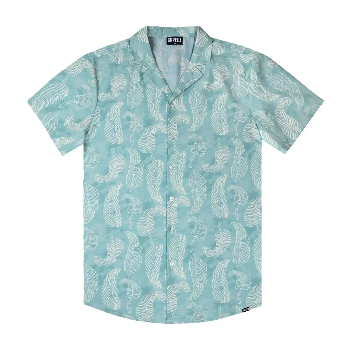 Serenity men's resort shirt, pale aqua with a tonal paisley print, short sleeve camp collar button down, front view