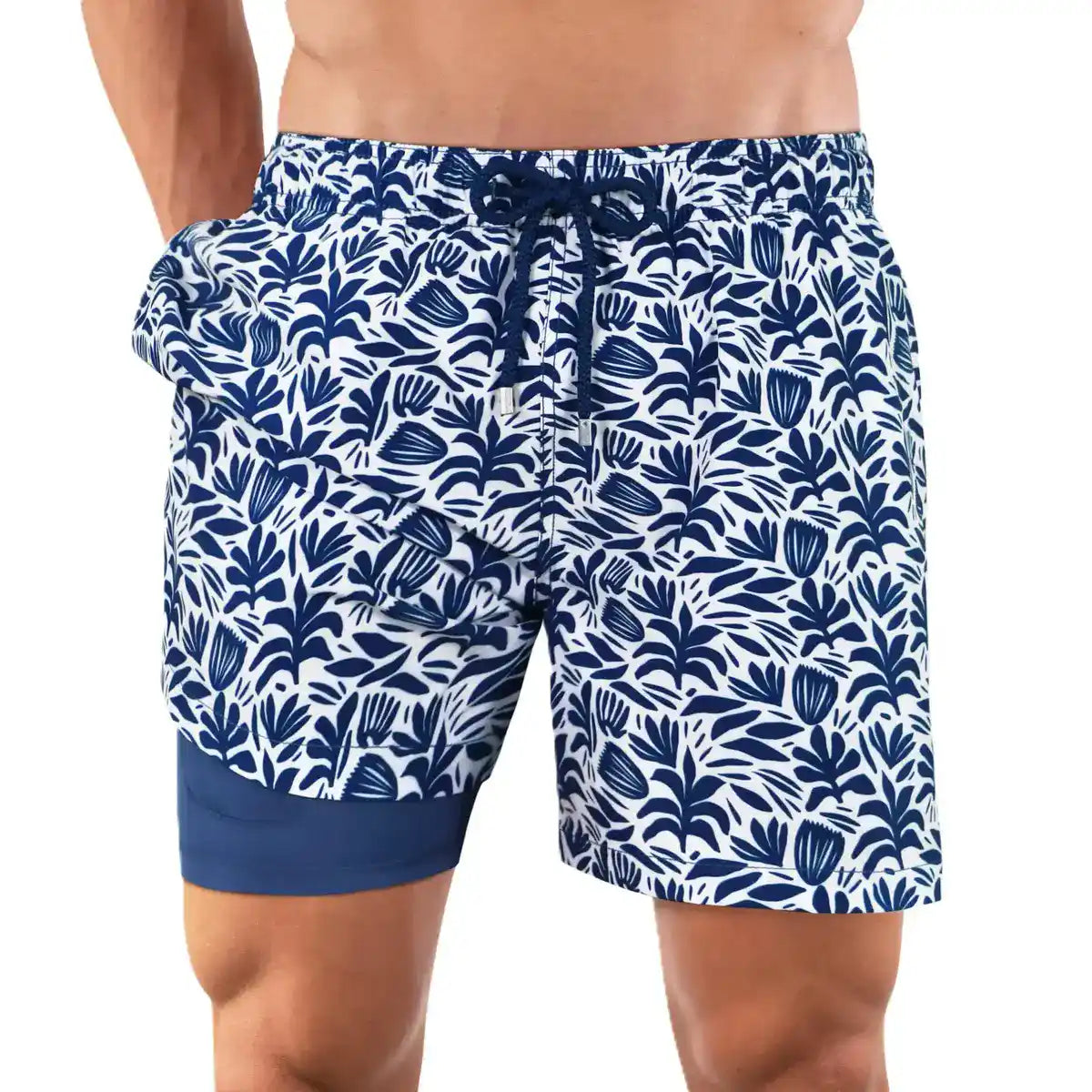 Sonoma Blue men's hybrid swim short, white with a navy cut-paper floral print and navy drawstring, front view showing the navy compression liner