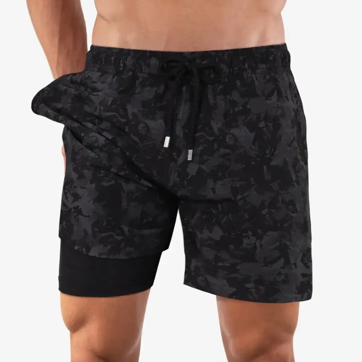 Street Camo men's hybrid swim short in a black and charcoal camouflage print with a black drawstring, front view showing the black compression liner